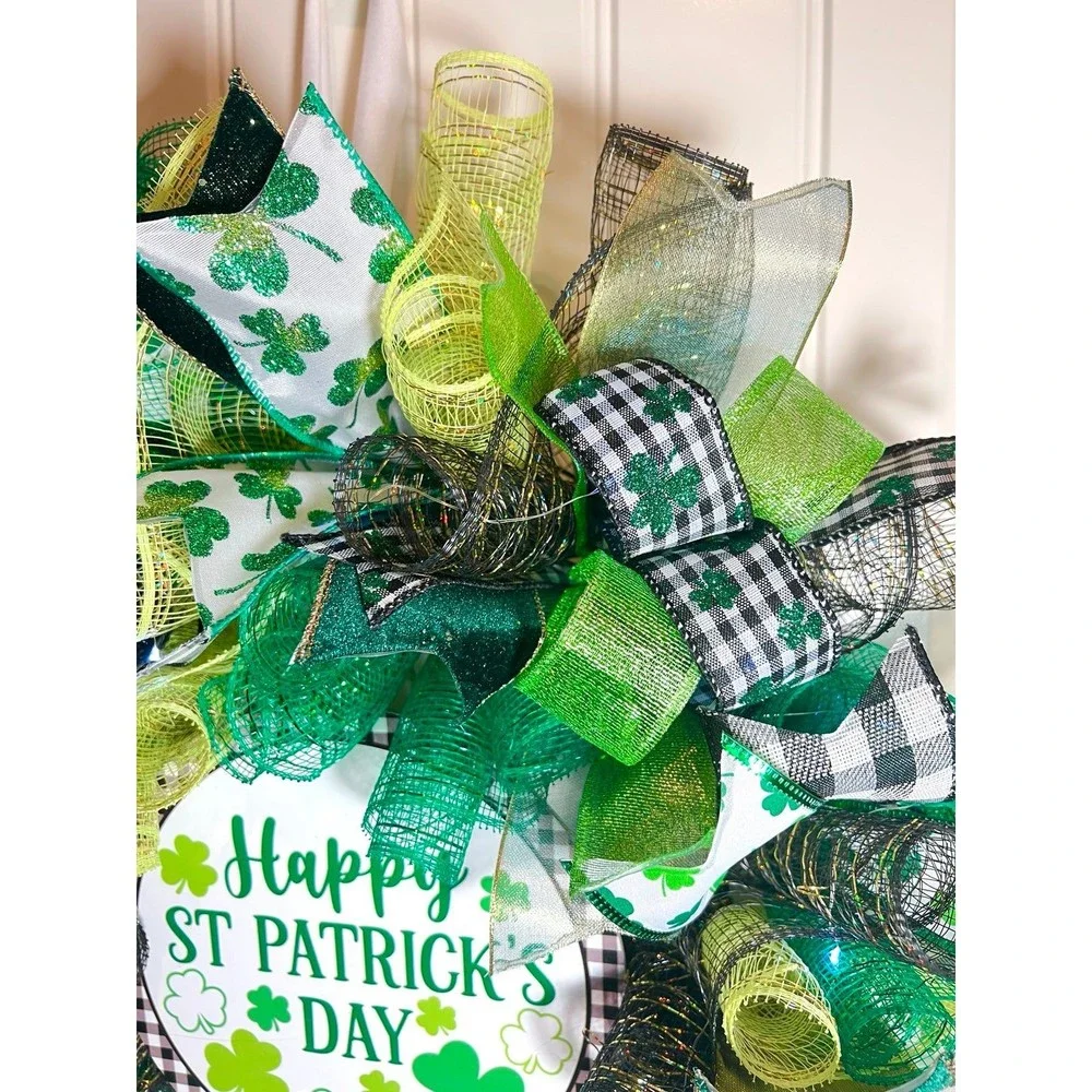 Handmade Happy St. Patrick’s Day Ribbon Prelit Wreath 22 ins LED W7